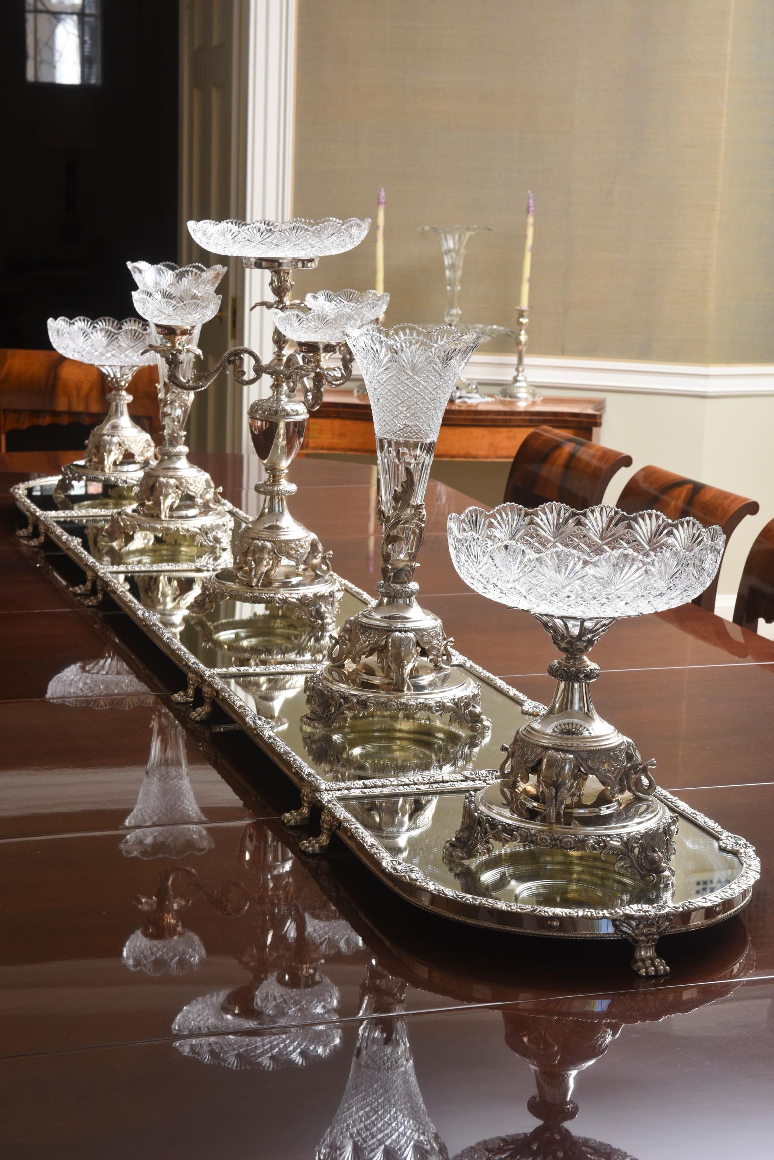 British Vintage Monumental Silver Plate and Cut Crystal Centerpiece with Mirror Plateaus