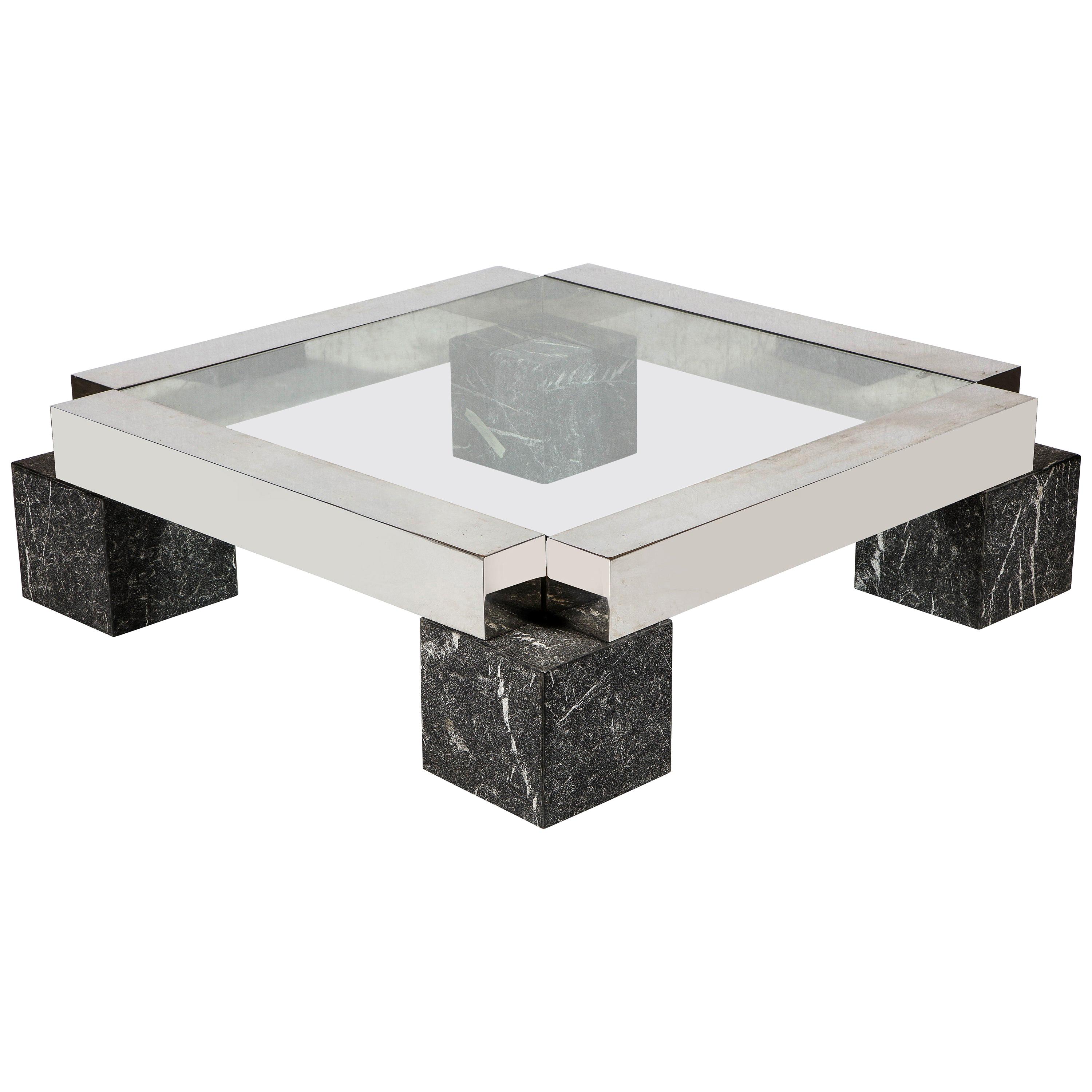 Vintage Monumental Steel Marble Block Black Square Coffee Table, France, 1980's For Sale