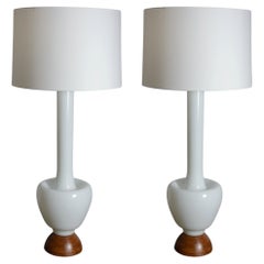 Vintage Monumental White Murano Cased Glass Table Lamps - A Pair