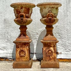 Vintage Monumental Wrought Iron Urns - a Pair