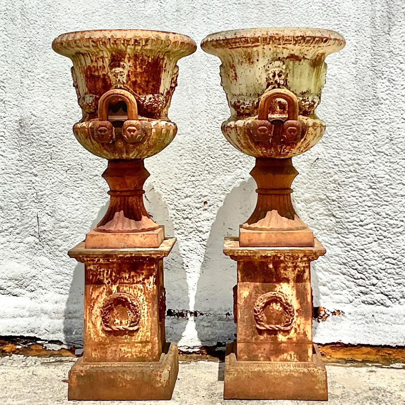 North American Vintage Monumental Wrought Iron Urns - a Pair For Sale