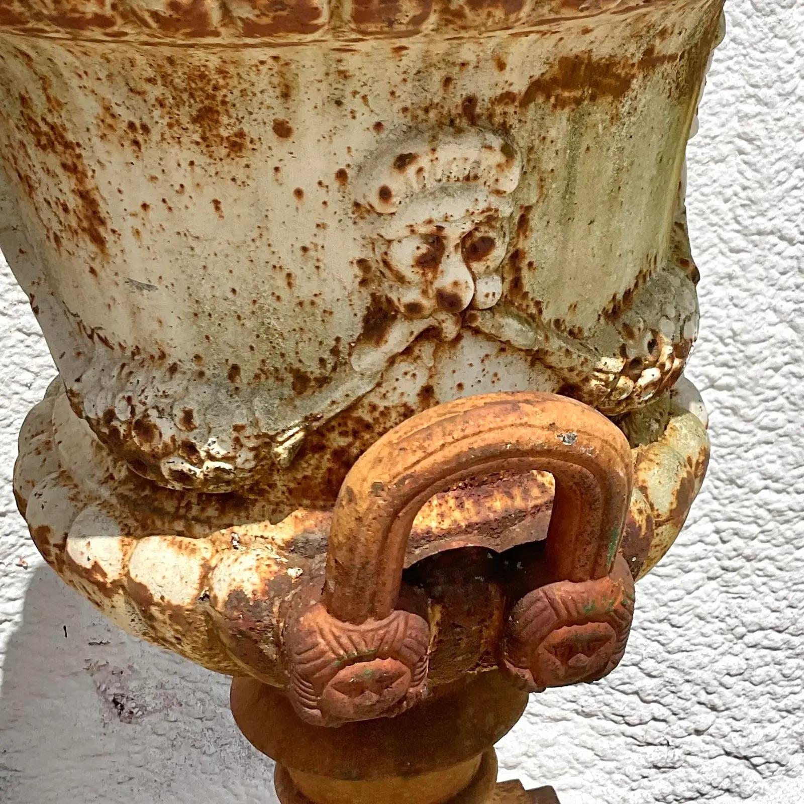 Vintage Monumental Wrought Iron Urns - a Pair In Good Condition For Sale In west palm beach, FL