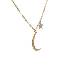 Vintage Moon and Star RBC Diamond Gold Dangle Pendant Necklace