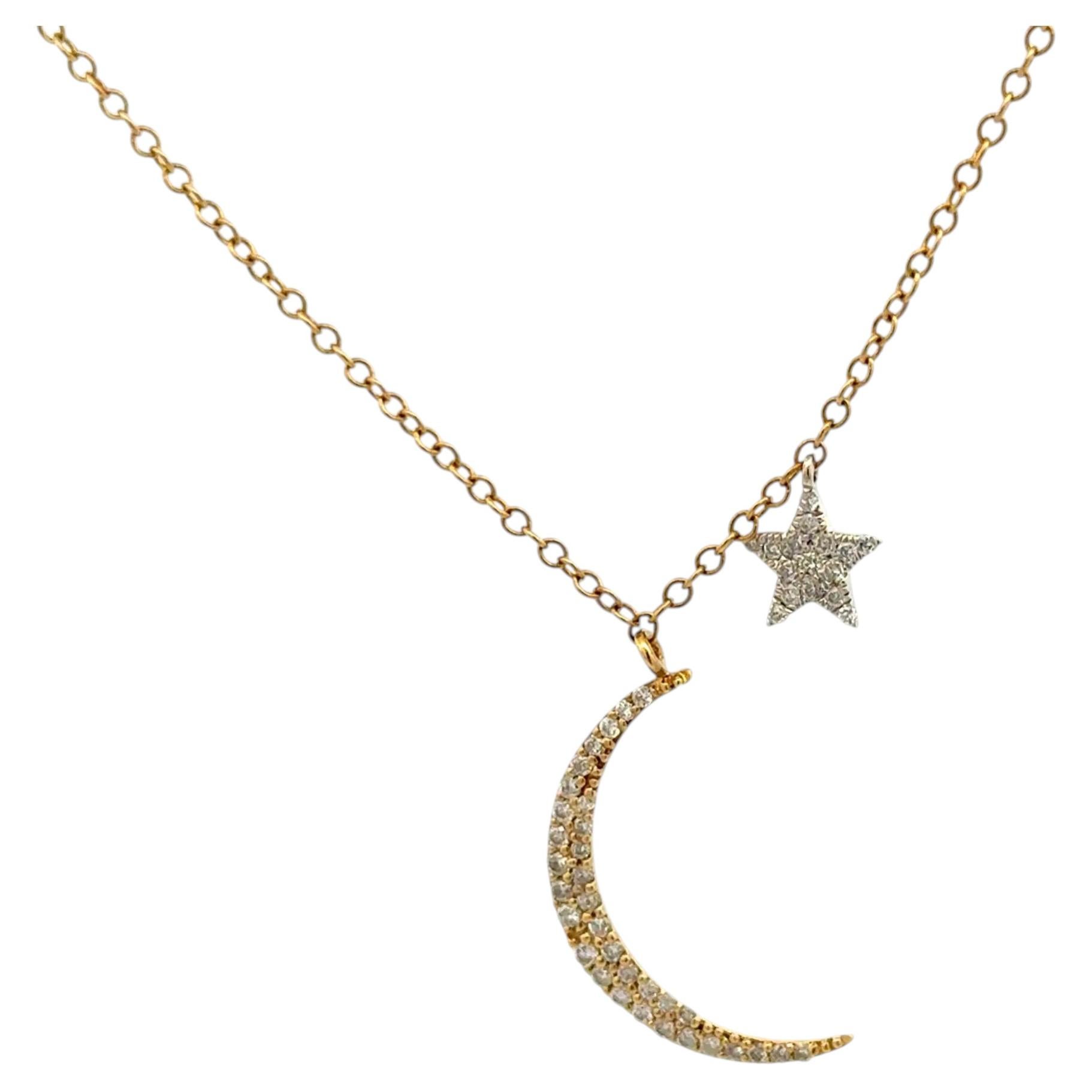 Vintage Moon and Star RBC Diamond Gold Dangle Pendant Necklace