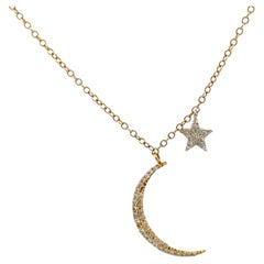 Vintage Moon and Star RBC Diamond Gold Dangle Pendant Necklace