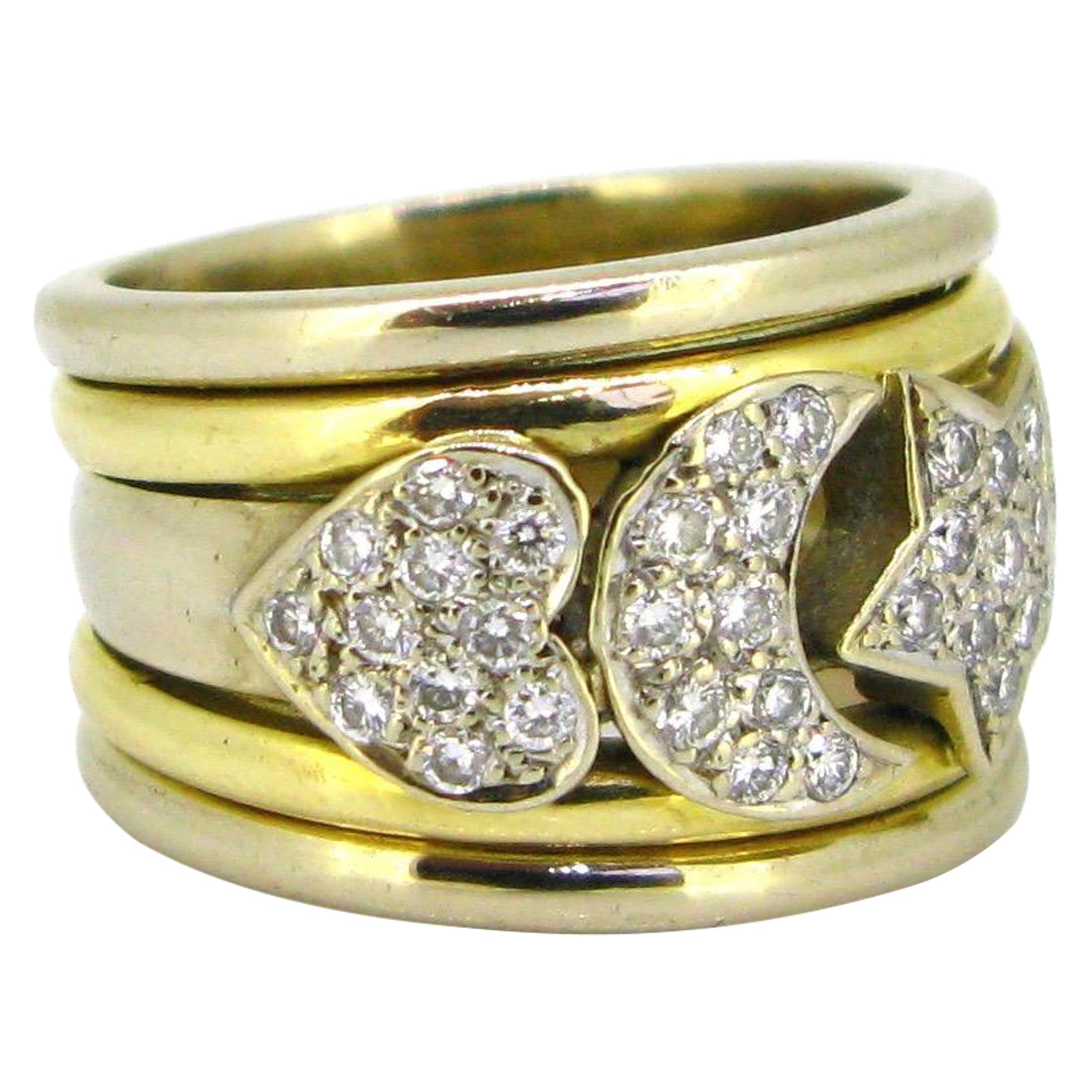 Vintage Moon, Heart and Star Diamonds Band Ring 18 Karat Yellow and White Gold