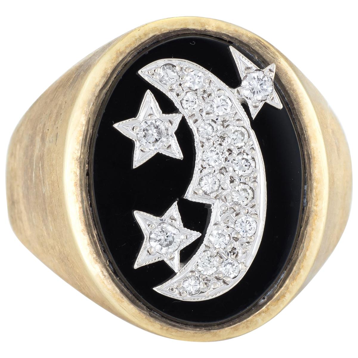 Vintage Moon and Star Diamond Ring Men's 14 Karat Gold Celestial Jewelry