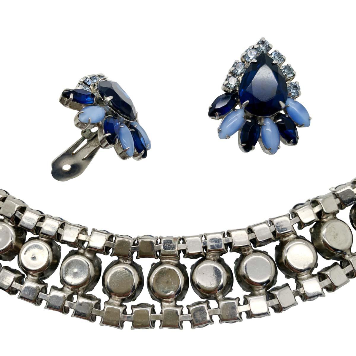 Women's or Men's Vintage Moonglow & Blue Crystal Bracelet & Earrings 1950s For Sale