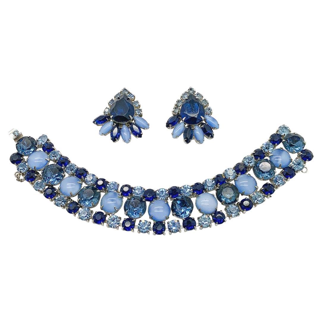 Vintage Moonglow & Blue Crystal Bracelet & Earrings 1950s For Sale