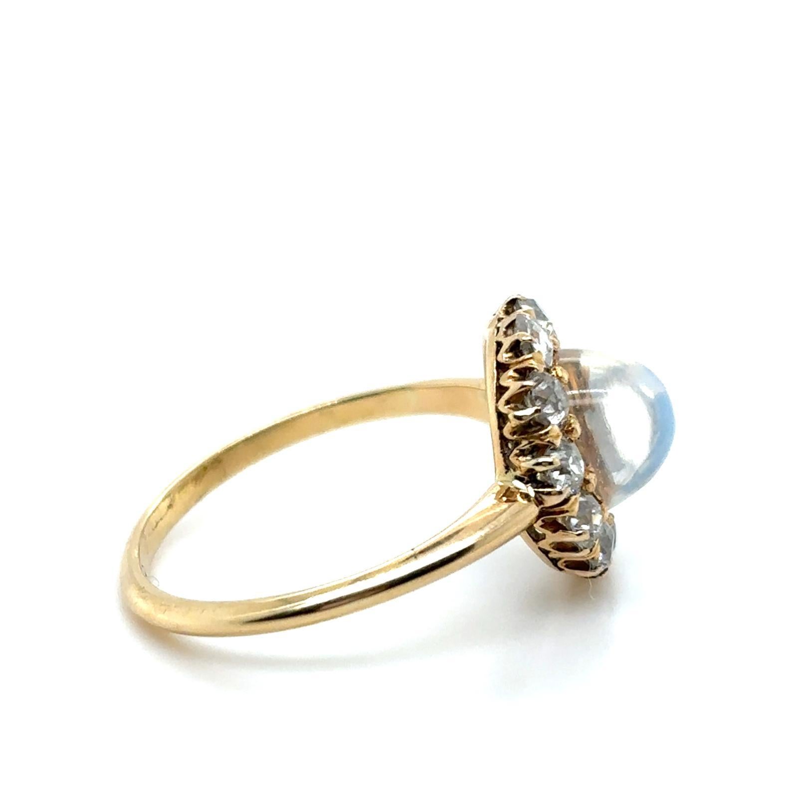 A vintage moonstone and diamond 18 karat yellow gold cluster ring.

The centre cabochon cut moonstone is surrounded by a cluster of 11 claw set old mine cut diamonds of 1.10 carats approximately, assessed as G-H colour, VS2 clarity leading to knife