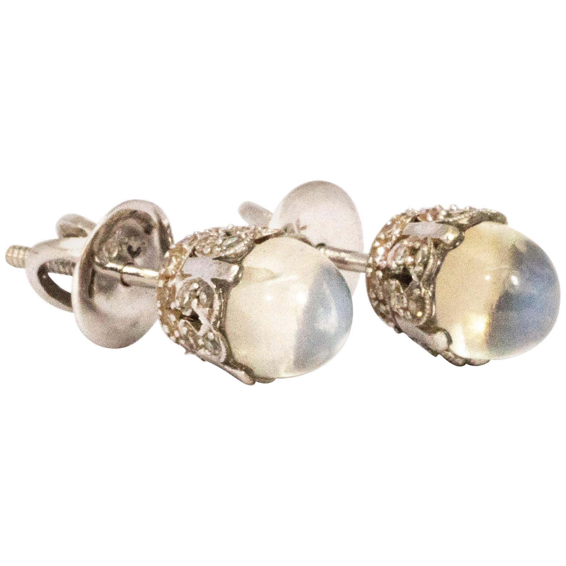 Vintage Moonstone and 18 Carat White Gold Stud Earrings For Sale
