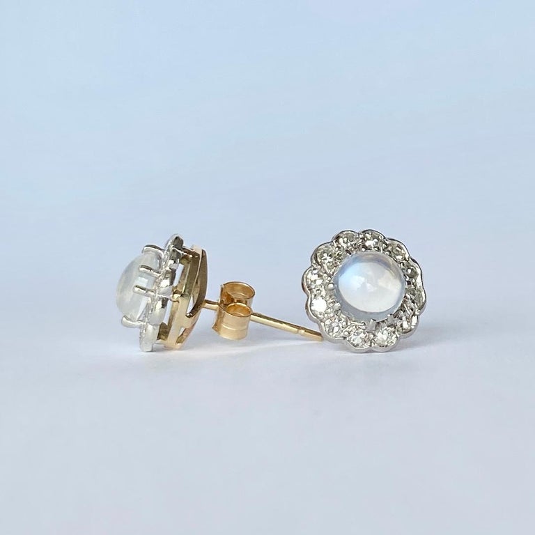 Vintage Moonstone and Diamond Cluster Stud Earrings For Sale at 1stDibs