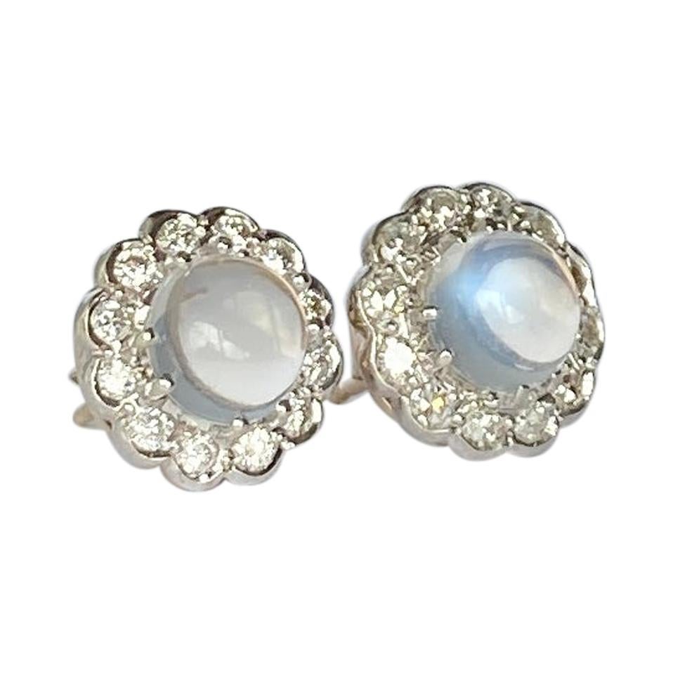 Vintage Moonstone and Diamond Cluster Stud Earrings For Sale