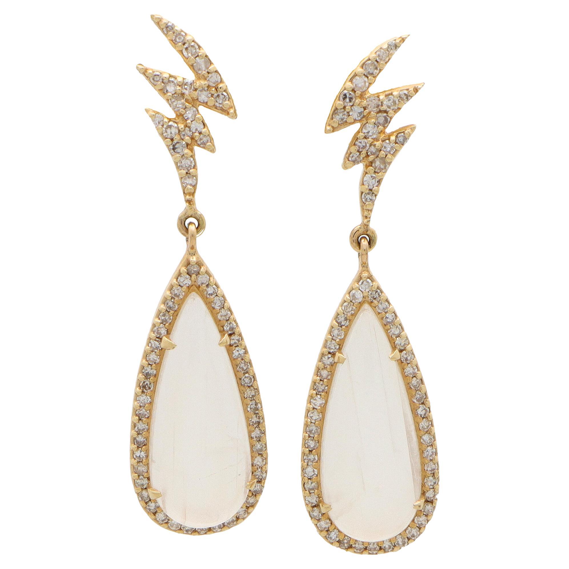 Diamond and Moonstone Small Oval Drop Earrings For Sale at 1stDibs