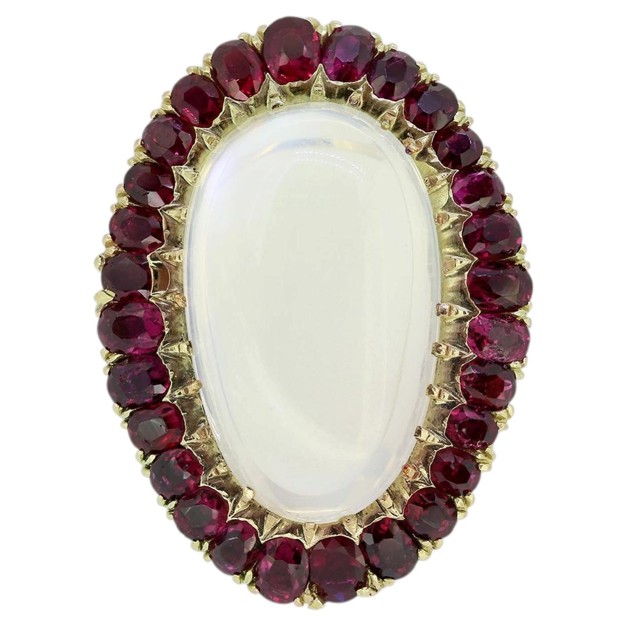 Vintage Moonstone and Ruby Cocktail Ring For Sale