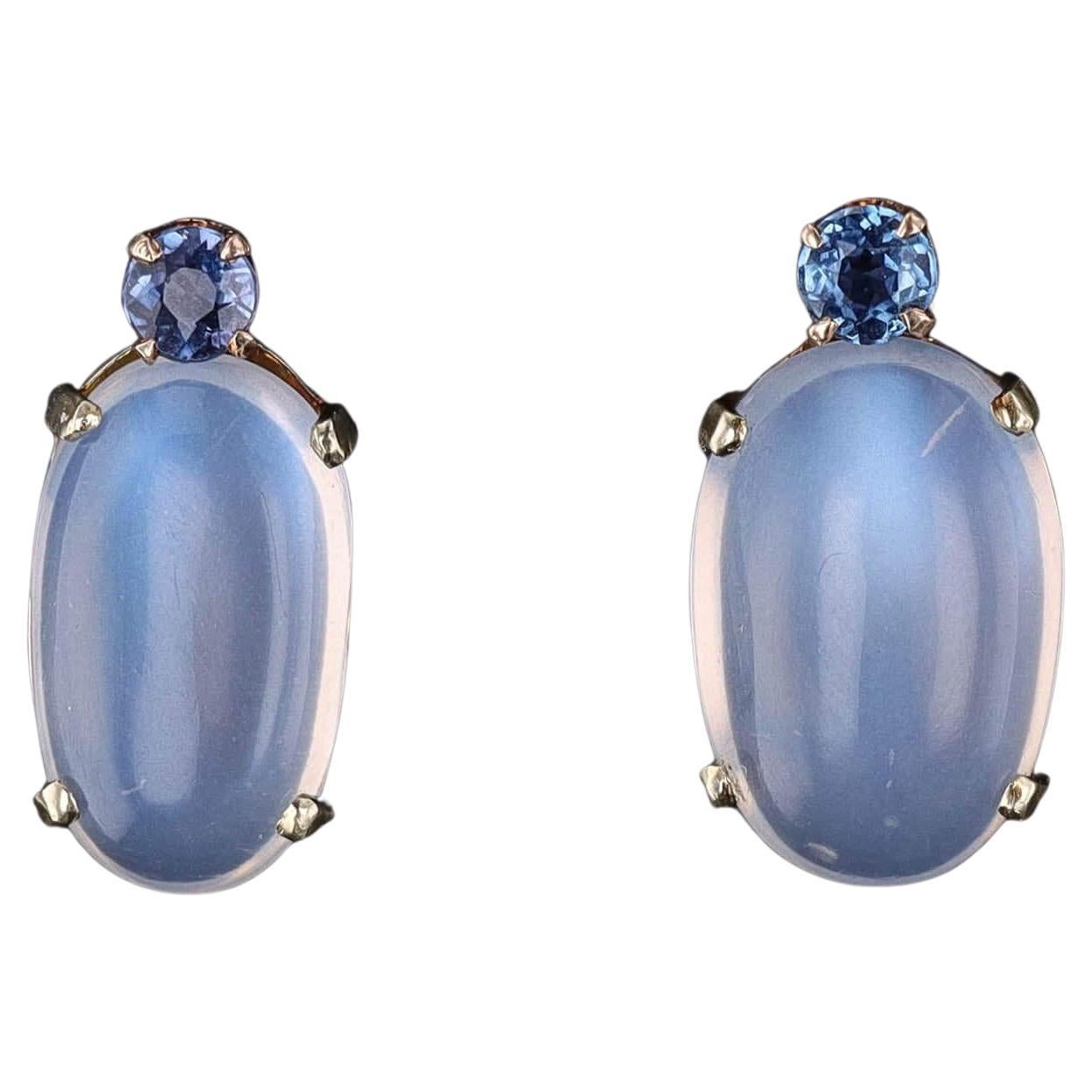 Vintage Moonstone and Sapphire Earrings of 14k Gold