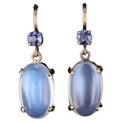 Vintage Moonstone and Sapphire Earrings of 14k Gold