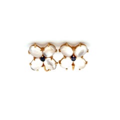 Vintage Moonstone and Sapphire Gold Clover Drop Earrings Estate Fine Jewelry