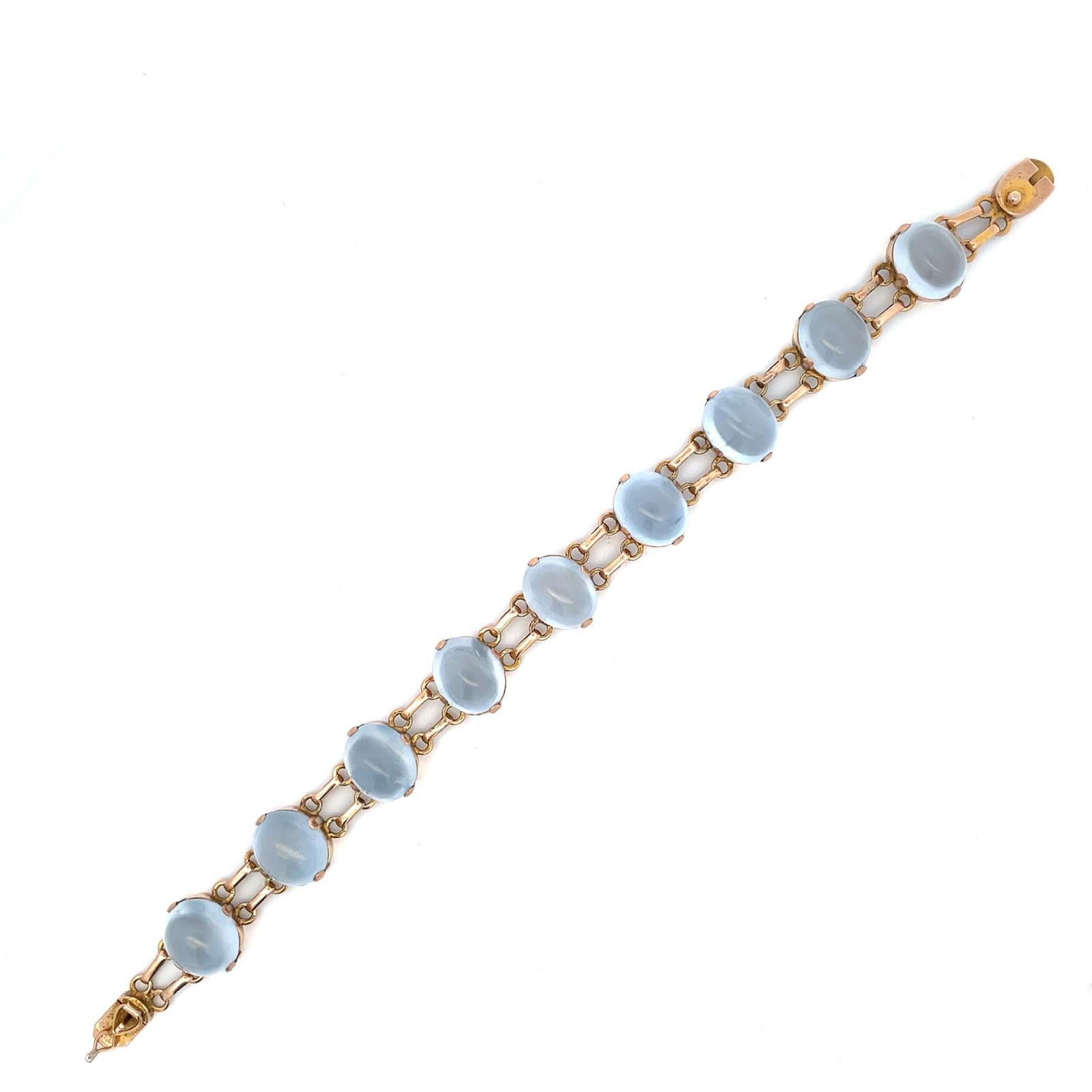 A vintage moonstone bracelet in 18 karat yellow gold, circa 1950

This bracelet is set throughout with nine cabochon cut moonstones, each mounted individually in its own four claw 18 karat yellow gold setting and secured with a push piece clasp with