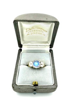 Vintage Moonstone Cabochon Diamond 14K Yellow White Gold Ring