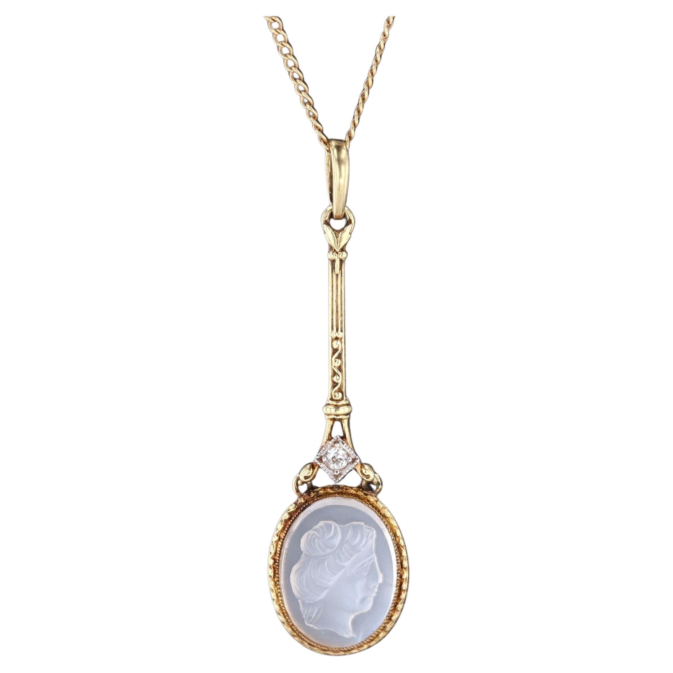 Collana con cammeo di pietra lunare d'epoca in oro 14k