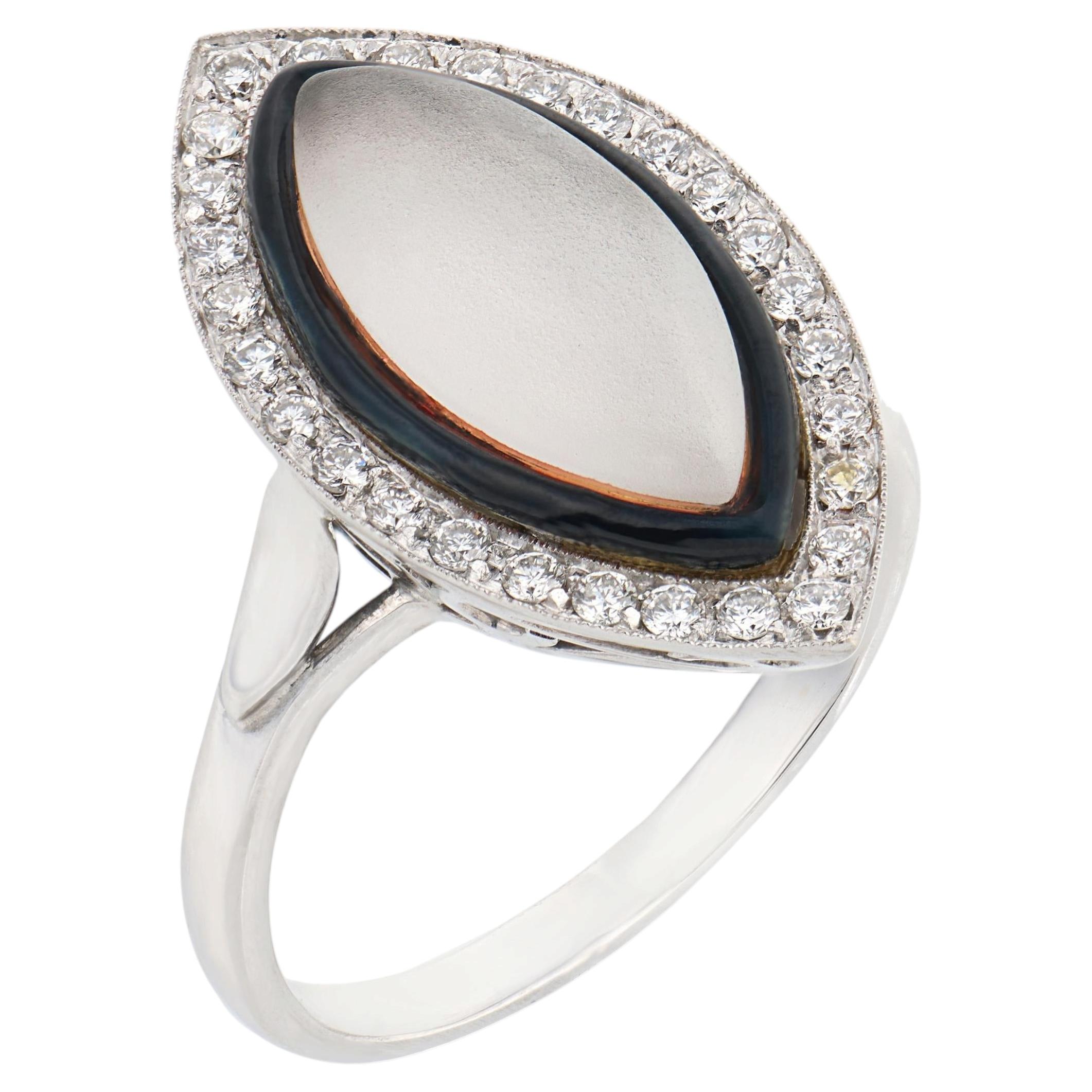 Vintage Mondstein Diamant 18k Weißgold Emaille Navette Ring im Angebot