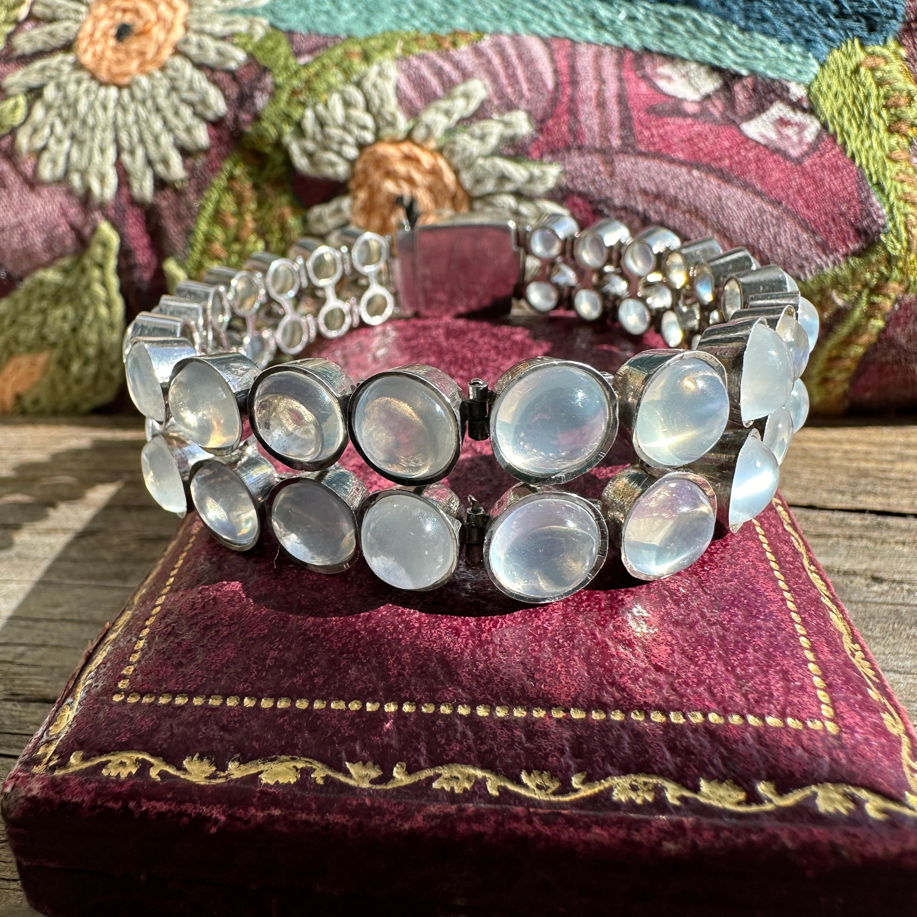 Details:
Do you love patterns, and specifically dots? We have a fabulous vintage moonstone dot and sterling silver bracelet! This is a lovely classic style piece that has a very nice weight to it, and will always be in style! Loving this one right
