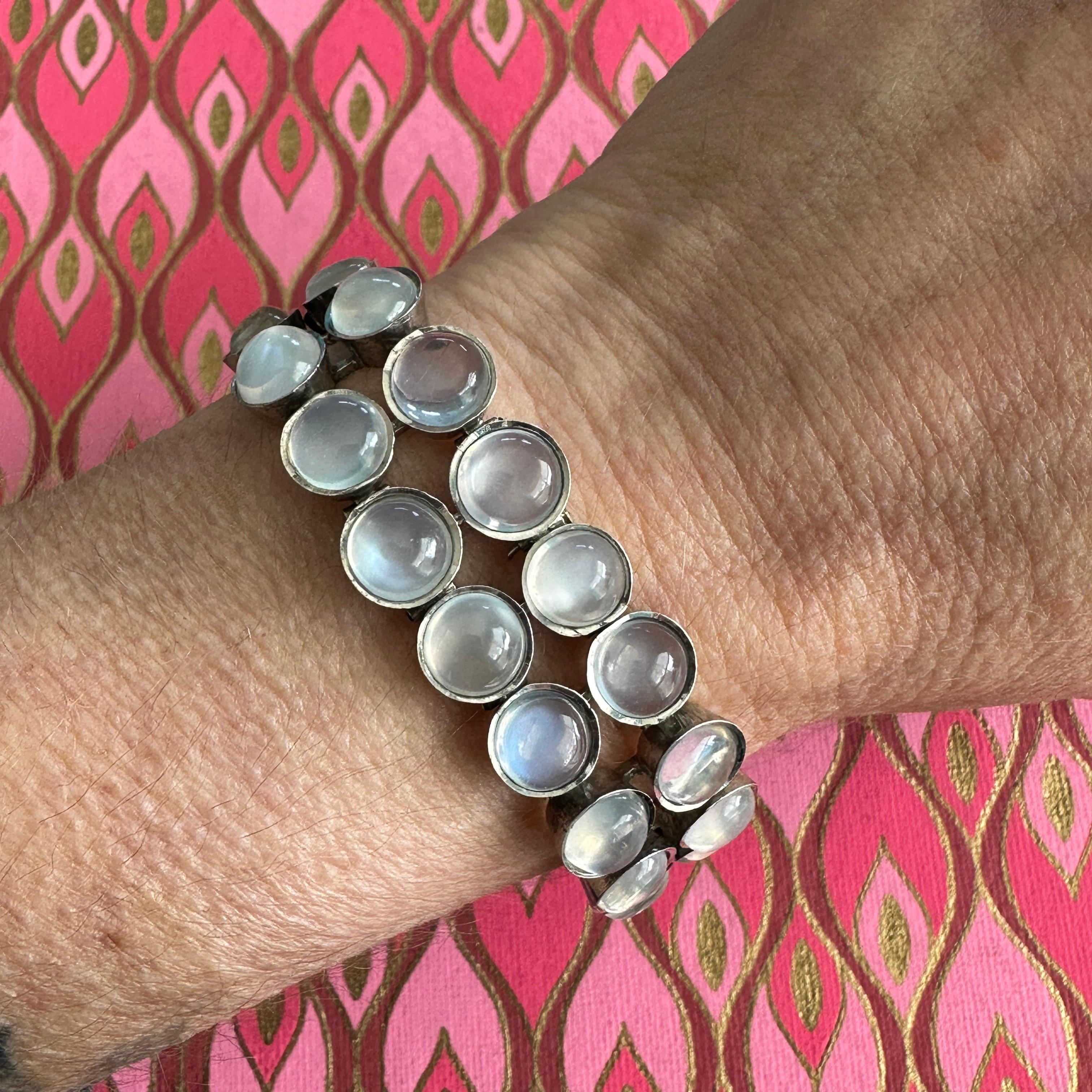 Cabochon Vintage Moonstone Dot Sterling Silver Bracelet For Sale