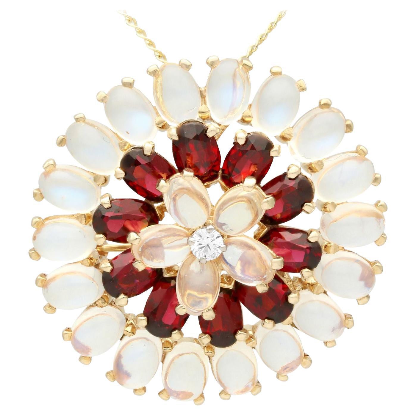 Broche vintage de oro amarillo de 14 quilates con granate de piedra lunar y diamantes