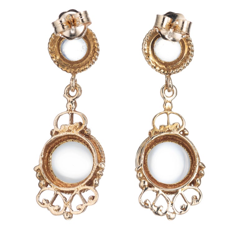 Vintage Moonstone Yellow Gold Dangle Earrings For Sale at 1stDibs