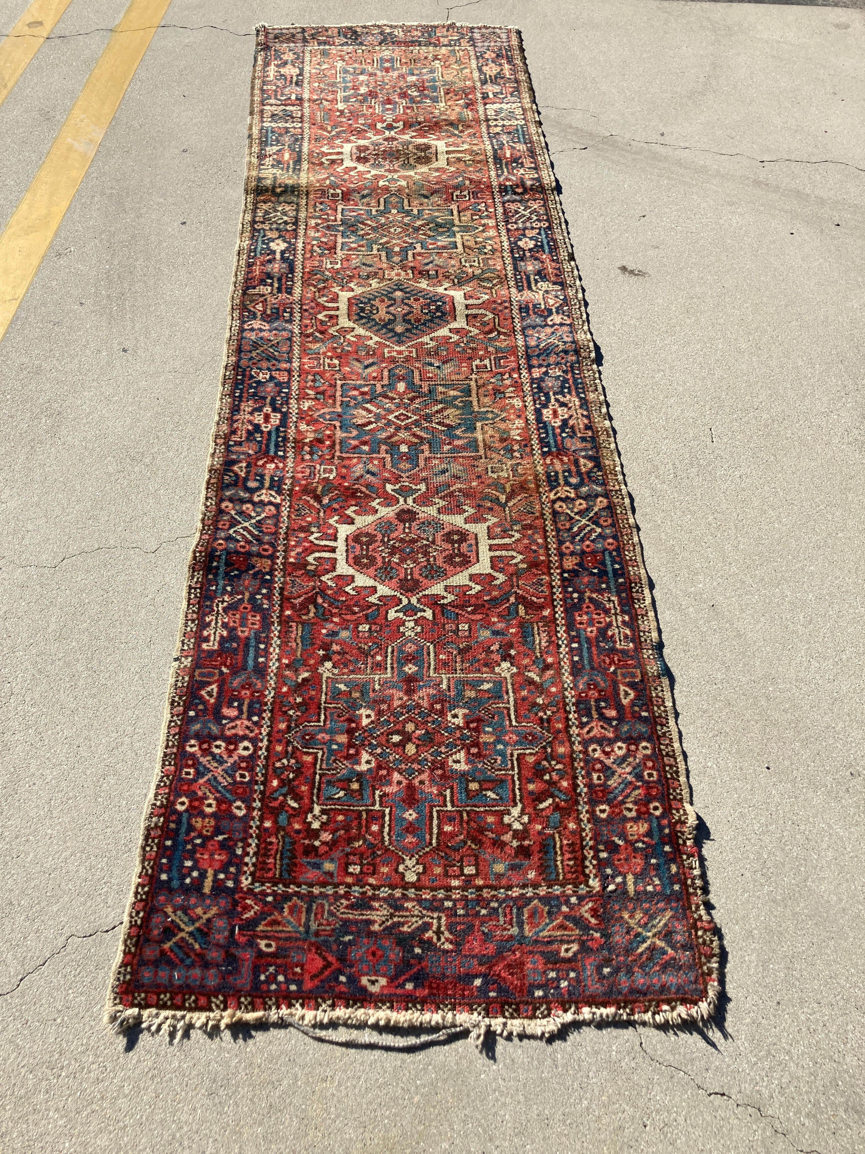Hand knotted Moorish style runner from Eastern Turkey,
Vintage Middle Eastern rug, circa 1940. 
Size: 2ft 9 in x 10ft 7in. 
Traditional Moorish Turkish carpet with geometric design in deep blue and red colors.