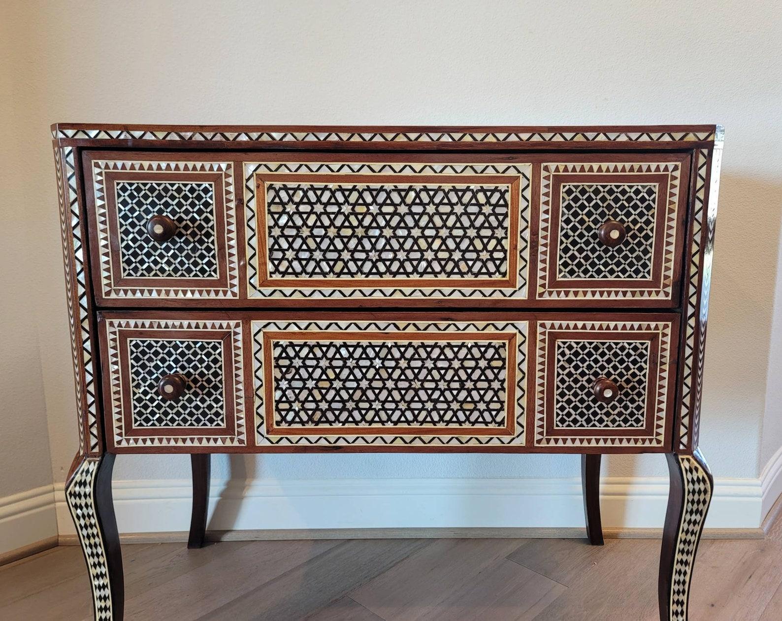 Marquetry Vintage Moorish Style Mother Of Pearl Inlaid Chest Of Drawers