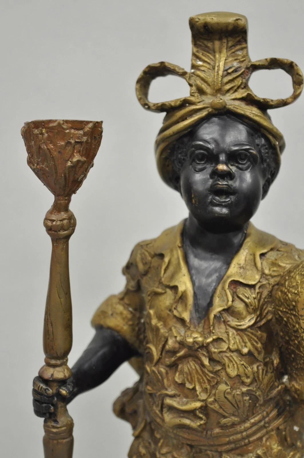 Sconosciuto Portacandele d'epoca in bronzo figurato in stile moresco veneziano Blackamoor in vendita
