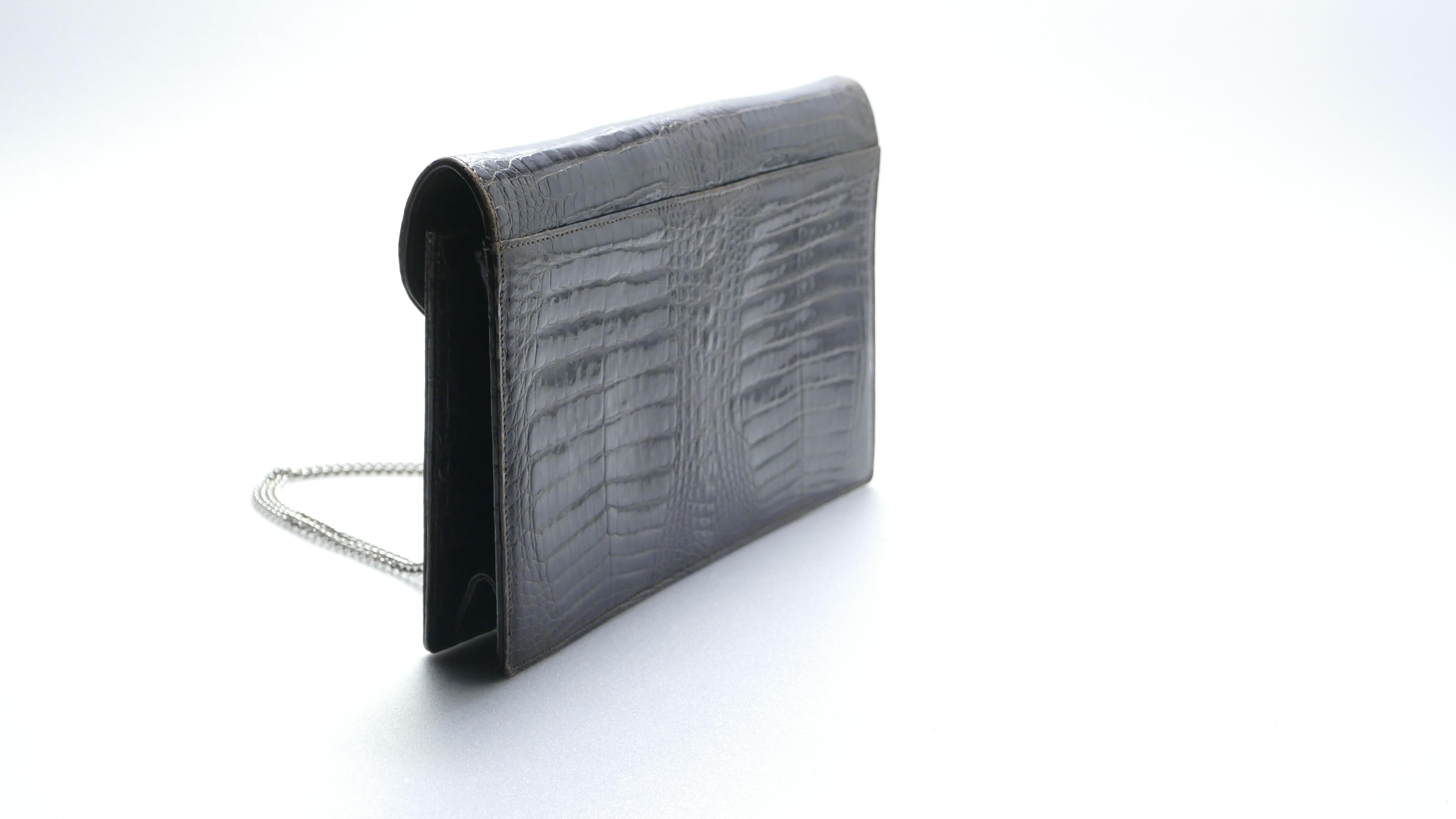 Black Vintage Morabito Paris Shiny Brown Crocodile Silver Hardware Clutch Handbag 1970