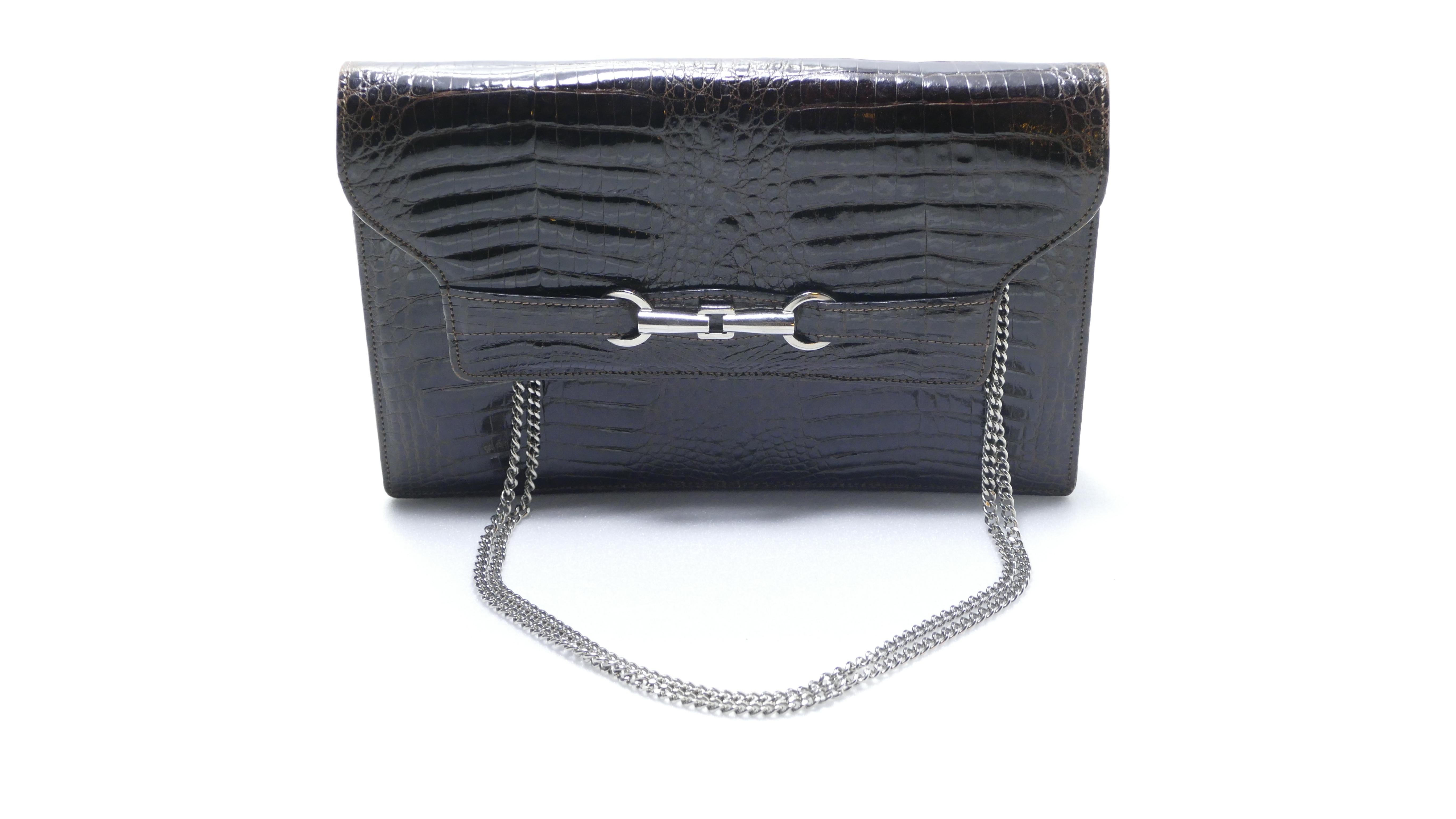 Women's or Men's Vintage Morabito Paris Shiny Brown Crocodile Silver Hardware Clutch Handbag 1970 For Sale