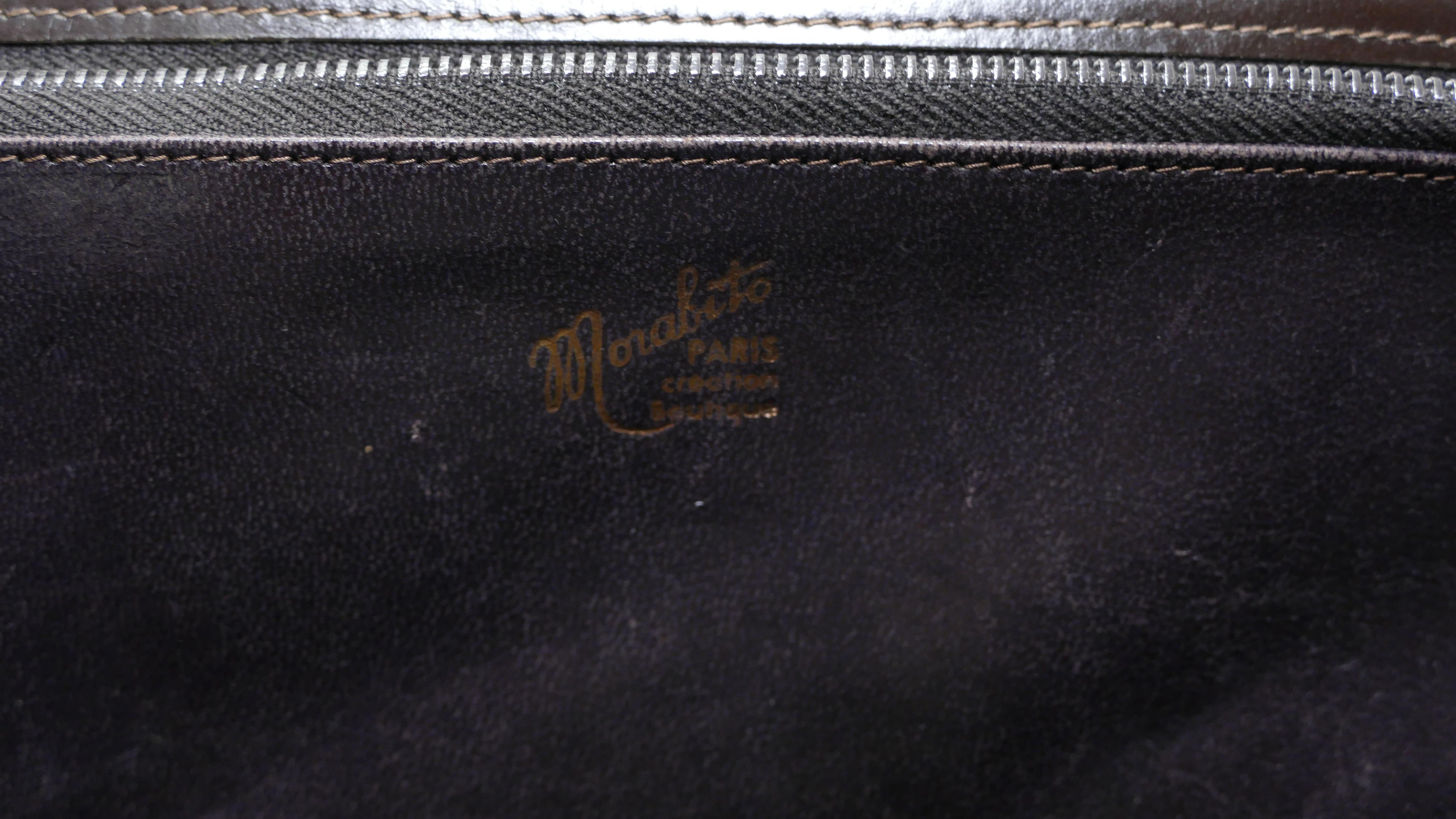 Vintage Morabito Paris Shiny Brown Crocodile Silver Hardware Clutch Handbag 1970 en vente 2