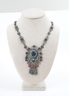 Vintage Morales Matl Style Sterling Amethyst Turquoise Coral Necklace