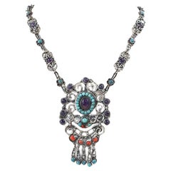 Vintage Morales Matl Style Sterling Amethyst Turquoise Coral Necklace