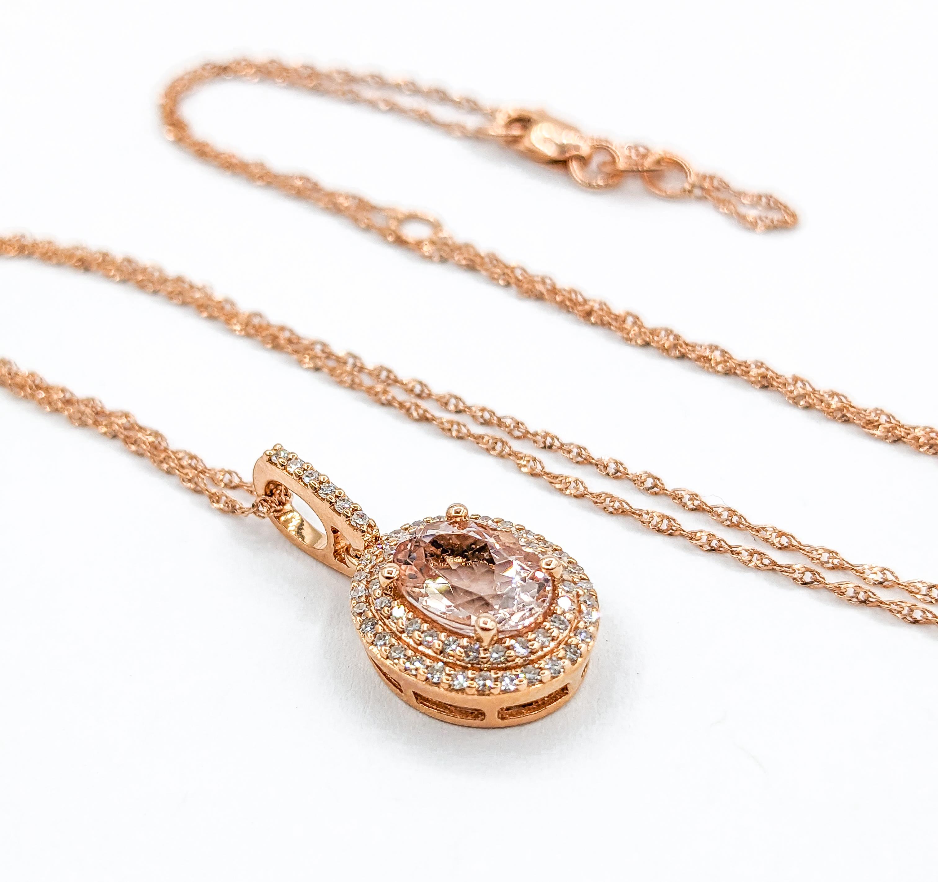 Contemporary Vintage Morganite & Diamond Halo Necklace in Rose Gold For Sale
