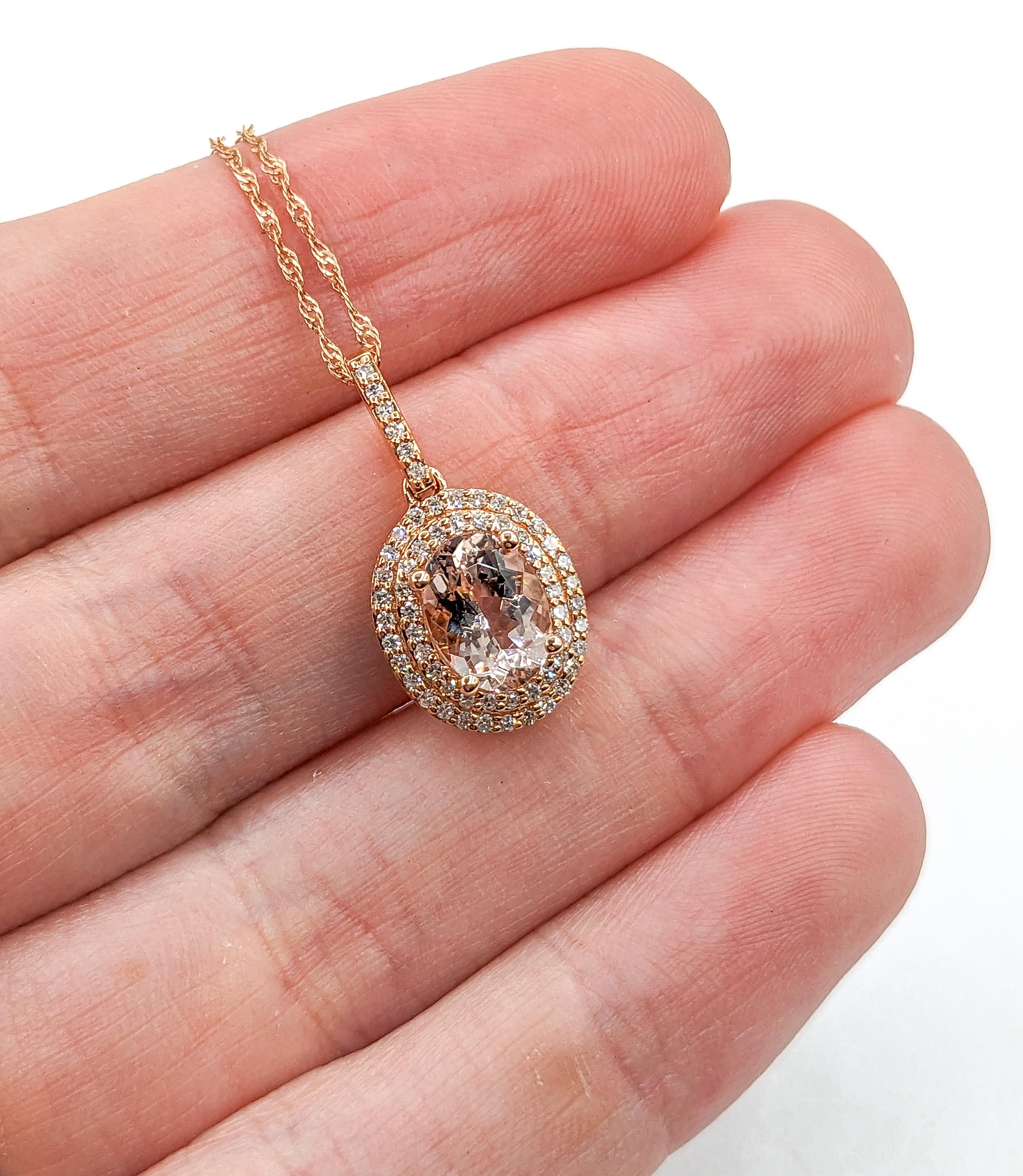 Women's Vintage Morganite & Diamond Halo Necklace in Rose Gold For Sale