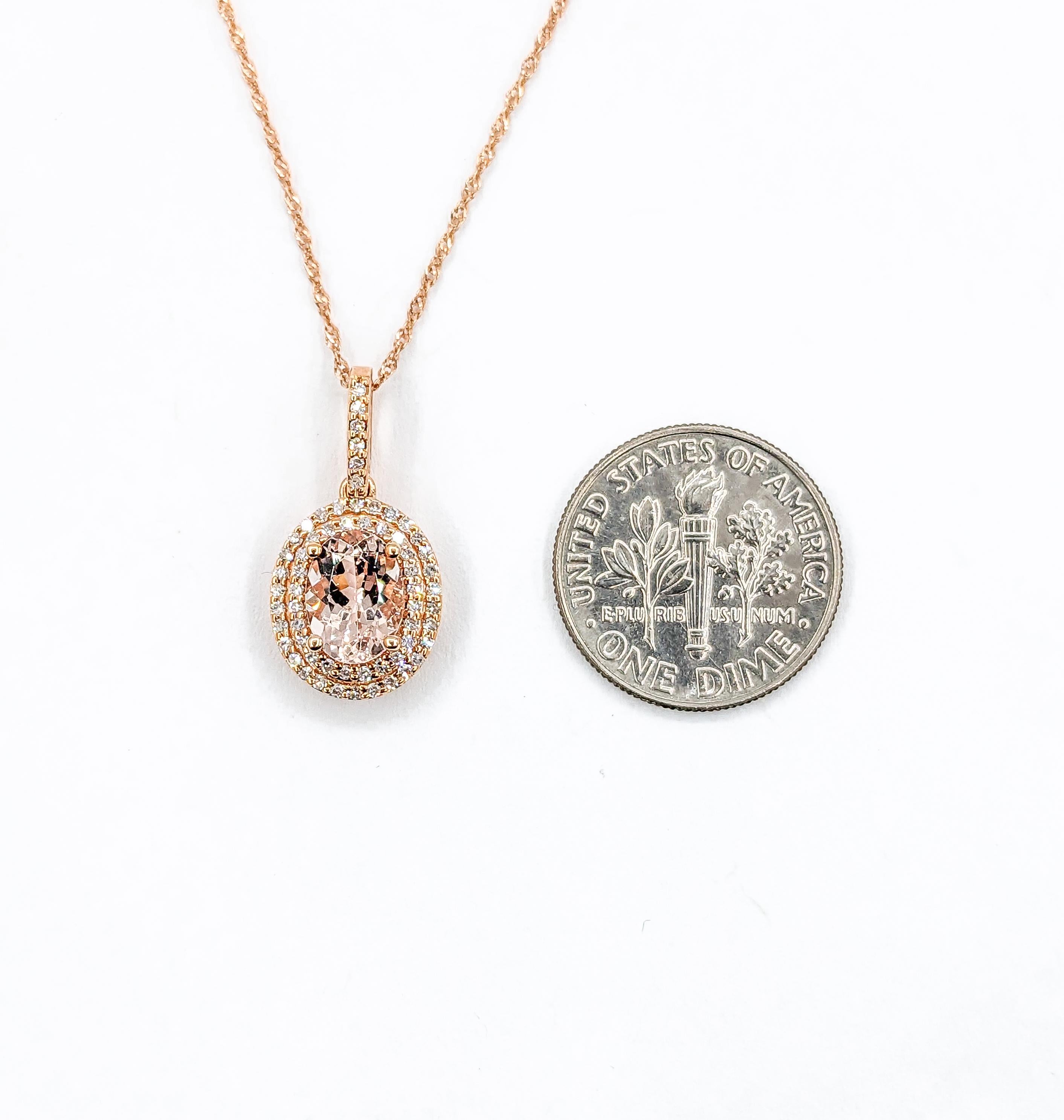 Vintage Morganite & Diamond Halo Necklace in Rose Gold For Sale 1