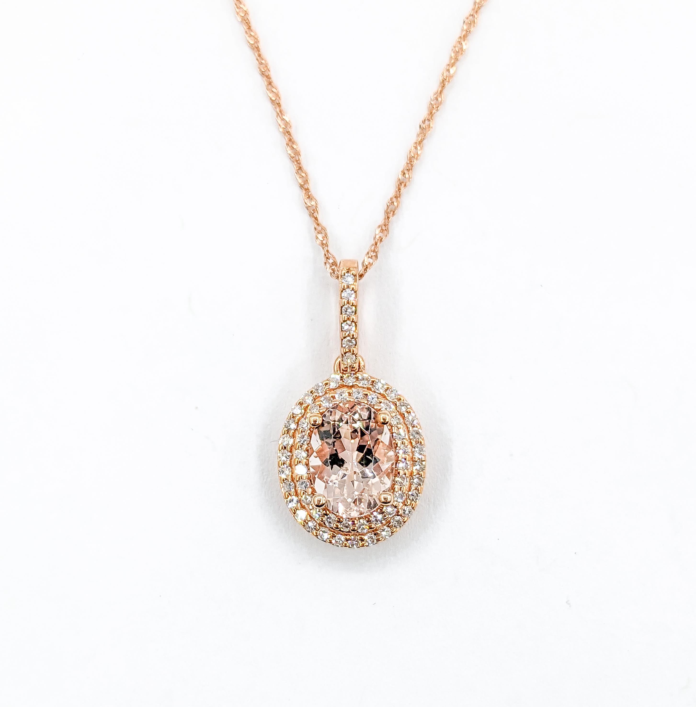 Vintage Morganite & Diamond Halo Necklace in Rose Gold For Sale 2