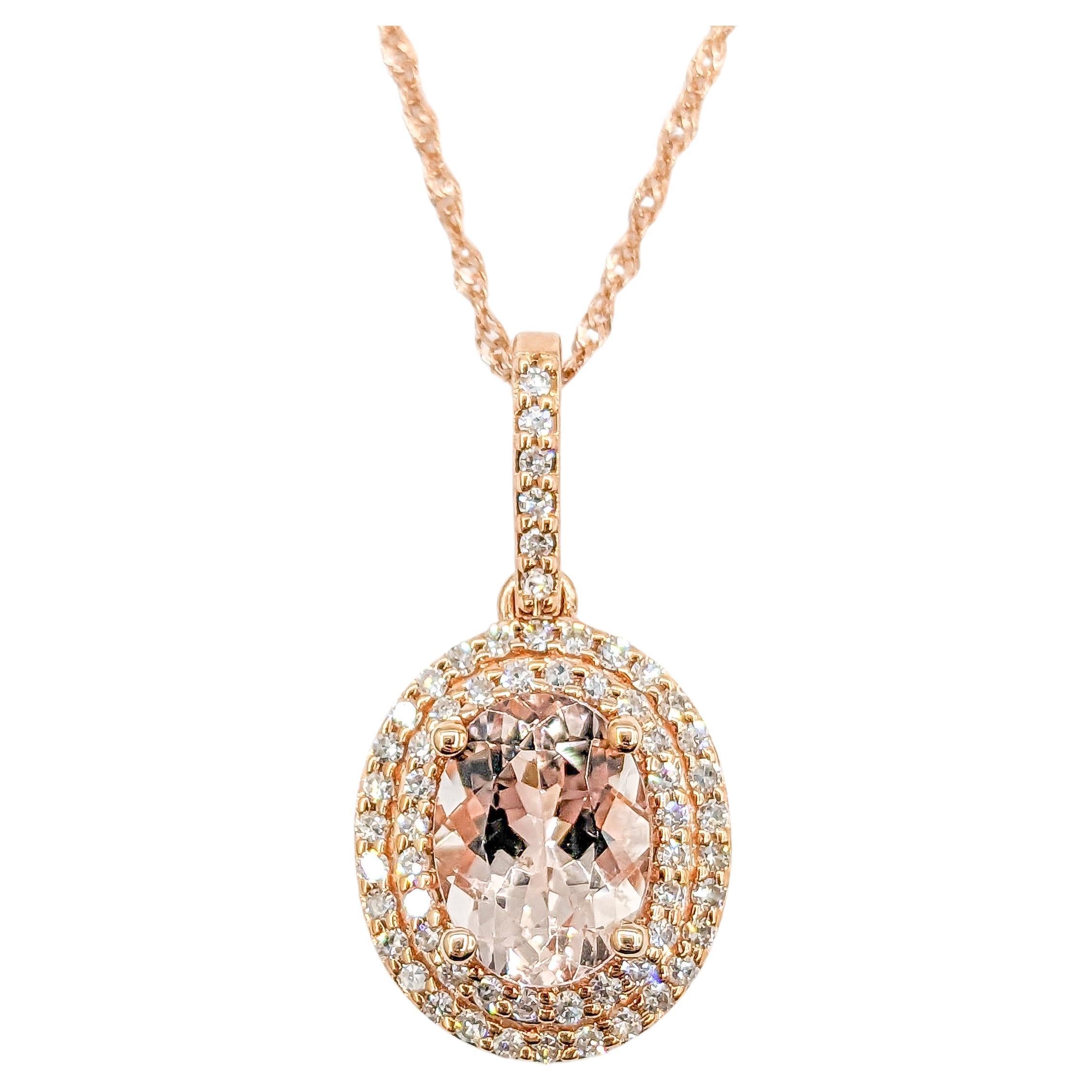 Vintage Morganite & Diamond Halo Necklace in Rose Gold For Sale