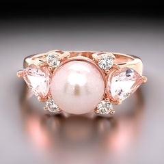 Vintage Morganite Engagement Ring Rose Gold Unique 3 Stone Pearl/White Ring