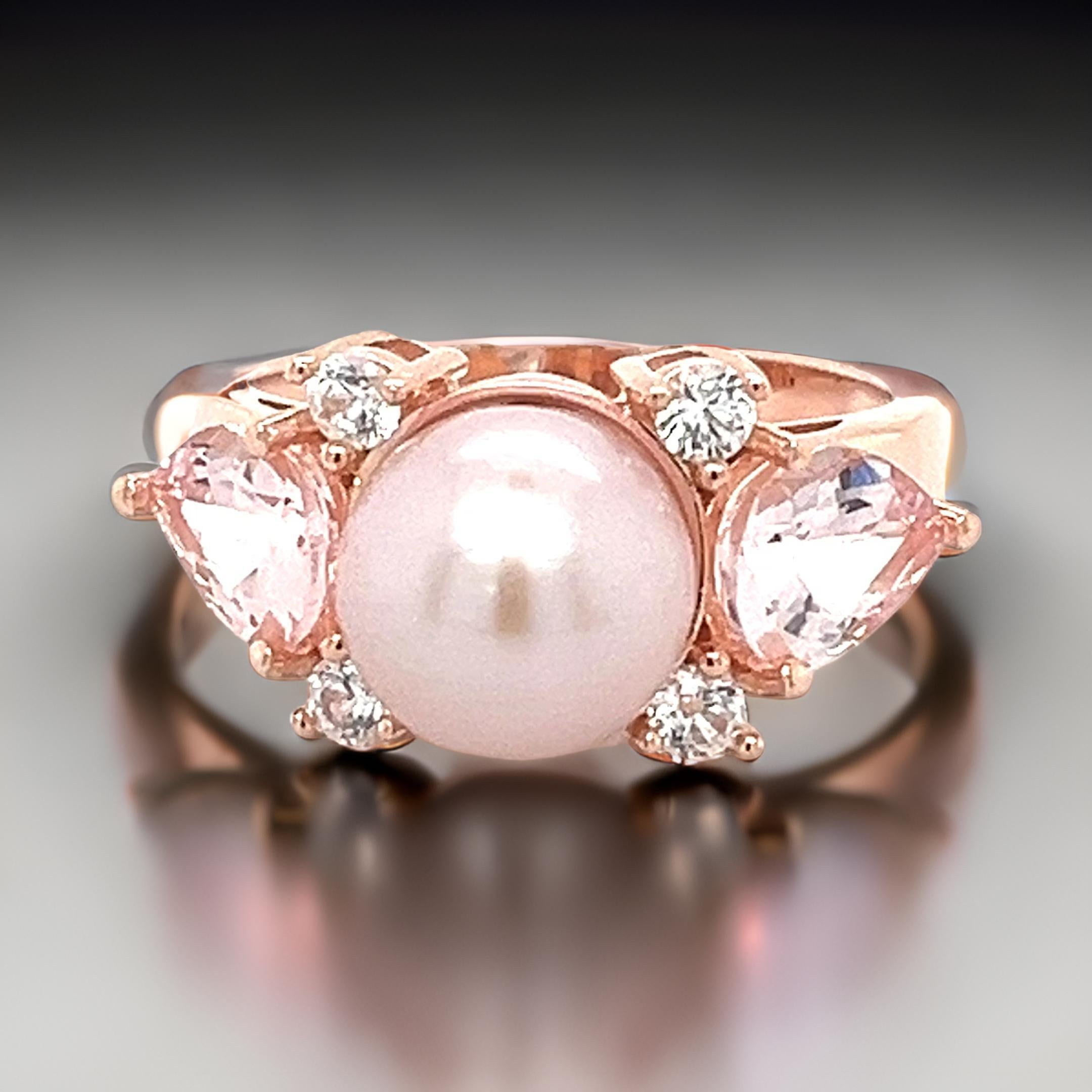 Art Deco Vintage Morganite Engagement Ring Rose Gold Unique 3 Stone Pearl/White Ring For Sale