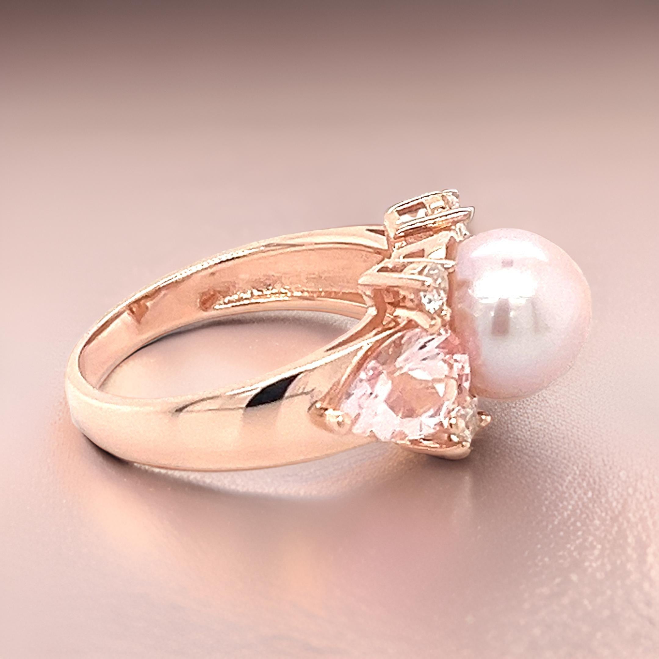 Women's Vintage Morganite Engagement Ring Rose Gold Unique 3 Stone Pearl/White Ring For Sale