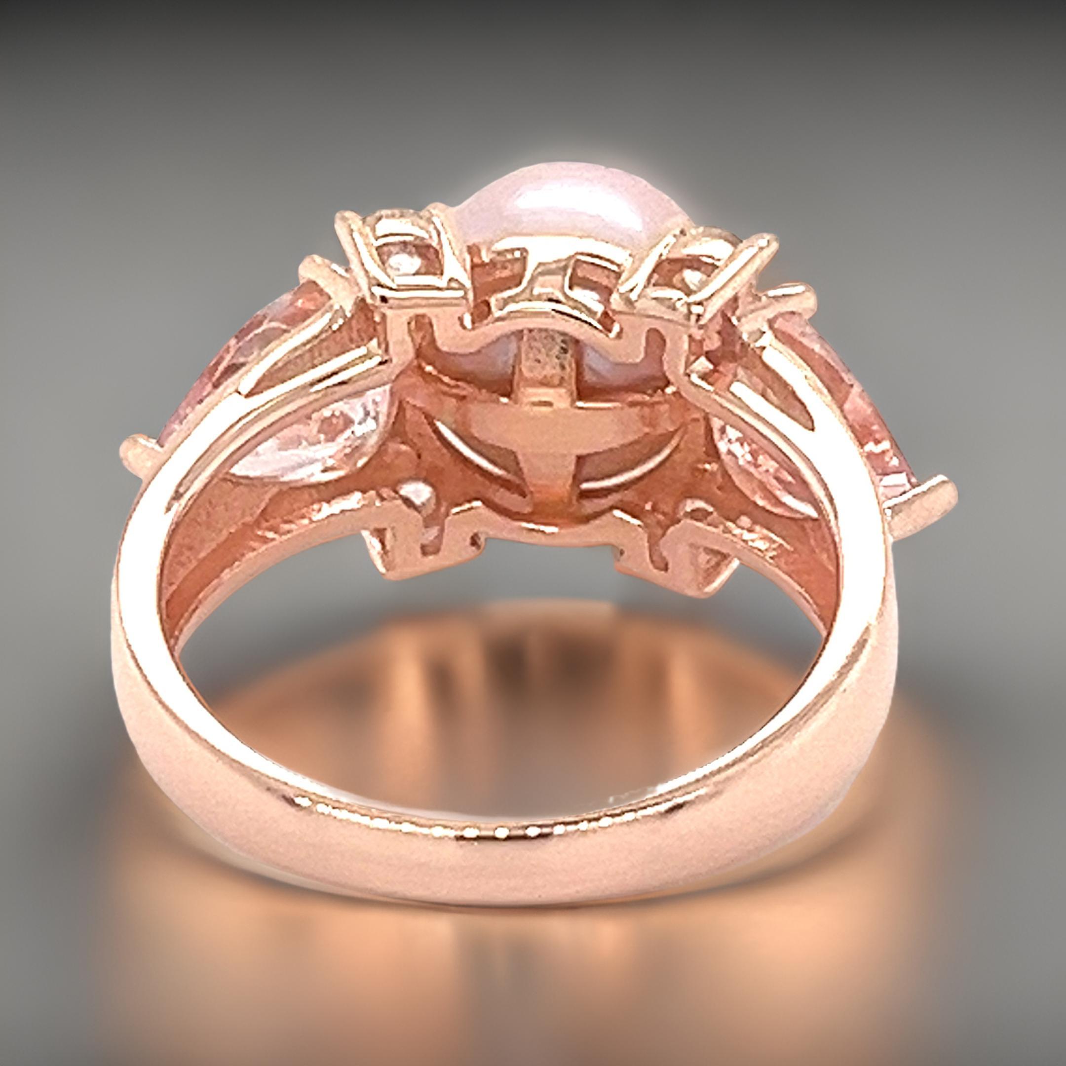 Vintage Morganite Engagement Ring Rose Gold Unique 3 Stone Pearl/White Ring For Sale 1