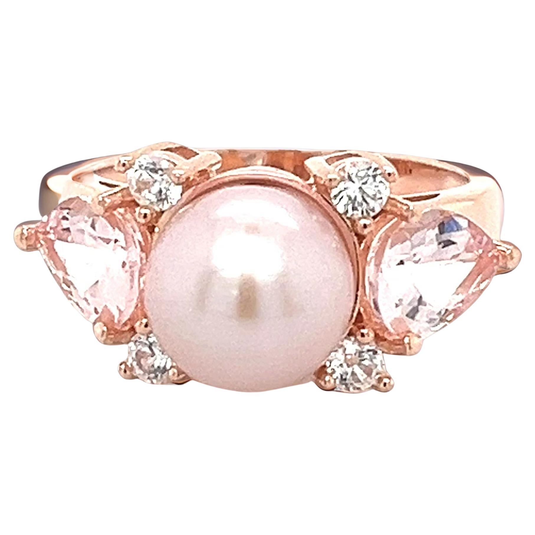 Bague de fiançailles vintage en or rose, perle unique à 3 pierres/anneau blanc