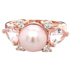 Anillo de compromiso vintage de Morganita Oro rosa Anillo único de 3 piedras Perla/Blanco