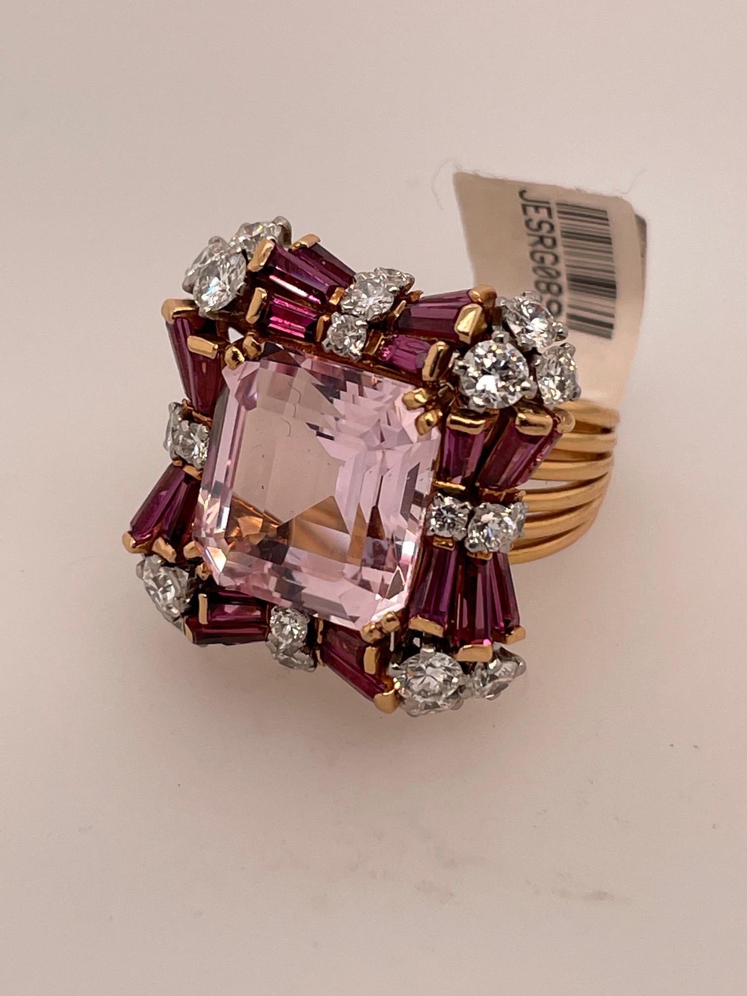 Vintage 18k rose gold Morganite, Pink Tourmaline and Diamond ring. The ring is cast and of handmade manufacture consistng of 6 row wire shank and top set with a center Morganite beryl weighing 10.00 ctw, surrounded by a triple row of tapered